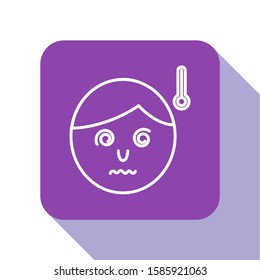 White line High human body temperature or get fever icon isolated on white background. Disease, cold, flu symptom. Purple square button. Vector Illustration