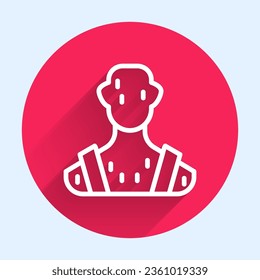 White line High human body temperature or get fever icon isolated with long shadow. Disease, cold, flu symptom. Red circle button. Vector
