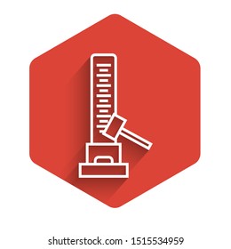 White line High striker attraction with big hammer icon isolated with long shadow. Attraction for measuring strength. Amusement park. Red hexagon button. Vector Illustration