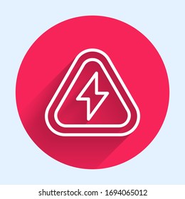 White line High voltage icon isolated with long shadow. Danger symbol. Arrow in triangle. Warning icon. Red circle button. Vector Illustration