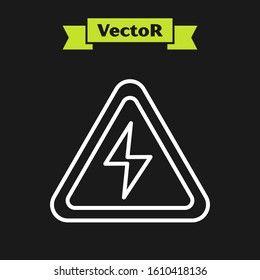 White line High voltage sign icon isolated on black background. Danger symbol. Arrow in triangle. Warning icon.  Vector Illustration