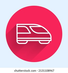 Línea blanca Icono de tren de alta velocidad aislado con una gran sombra. Viajes ferroviarios y turismo ferroviario. Transporte en metro o en tren rápido. Botón de círculo rojo. Vector