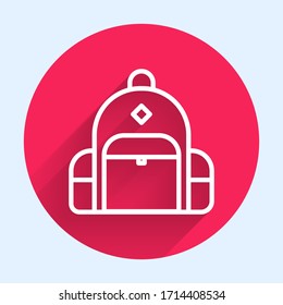 White line Hiking backpack icon isolated with long shadow. Camping and mountain exploring backpack. Red circle button. Vector Illustration
