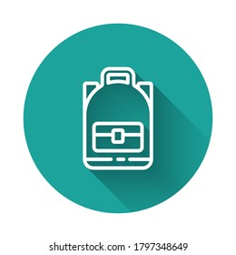 White line Hiking backpack icon isolated with long shadow. Camping and mountain exploring backpack. Green circle button. Vector Illustration