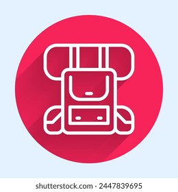 White Line Wandern Rucksack Symbol isoliert mit langen Schatten. Camping und Bergerkundung Rucksack. Roter Kreis Button. Vektorgrafik