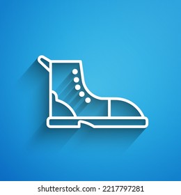 White line Hiking boot icon isolated on blue background. Long shadow. Vector Illustration