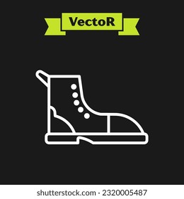 White line Hiking boot icon isolated on black background.  Vector Illustration