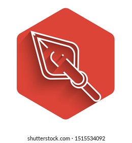 White line Hipster arrow tip icon isolated with long shadow. Red hexagon button. Vector Illustration
