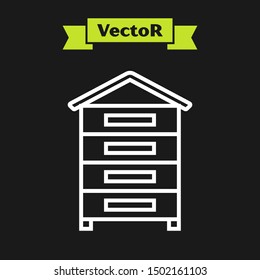 White line Hive for bees icon isolated on black background. Beehive symbol. Apiary and beekeeping. Sweet natural food.  Vector Illustration