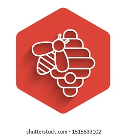 White line Hive for bees icon isolated with long shadow. Beehive symbol. Apiary and beekeeping. Sweet natural food. Red hexagon button. Vector Illustration