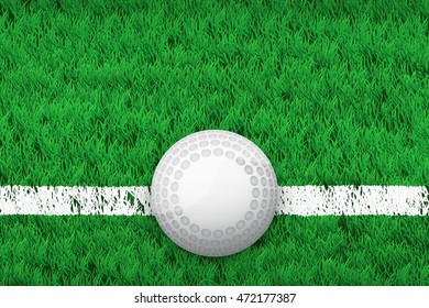 White line and hockey ball on grass field. Closeup sport background. Editable Vector illustration Isolated on background.