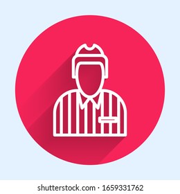 White line Hockey judge, referee, arbiter icon isolated with long shadow. Red circle button. Vector Illustration