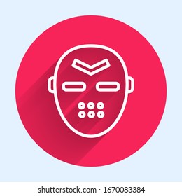White line Hockey mask icon isolated with long shadow. Red circle button. Vector Illustration