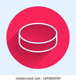 White line Hockey puck icon isolated with long shadow. Red circle button. Vector Illustration