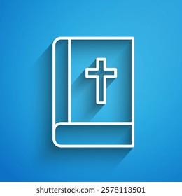 White line Holy bible book icon isolated on blue background. Long shadow. Vector