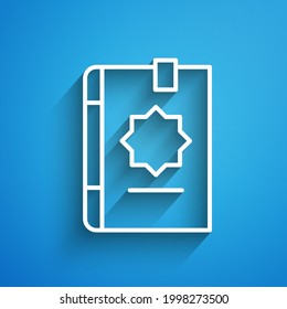 White line Holy book of Koran icon isolated on blue background. Muslim holiday, Eid Mubarak, Eid al-fitr, Ramadan Kareem. Long shadow. Vector