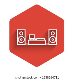 White line Home stereo with two speaker s icon isolated with long shadow. Music system. Red hexagon button. Vector Illustration
