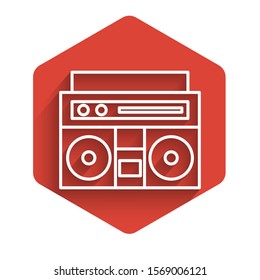 White line Home stereo with two speakers icon isolated with long shadow. Music system. Red hexagon button. Vector Illustration
