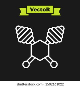 White line Honey dipper stick icon isolated on black background. Honey ladle.  Vector Illustration