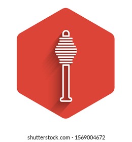 White line Honey dipper stick icon isolated with long shadow. Honey ladle. Red hexagon button. Vector Illustration