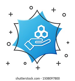 White line Honeycomb and hand icon isolated on white background. Honey cells symbol. Sweet natural food. Blue hexagon button. Vector Illustration