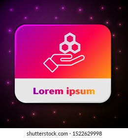 White line Honeycomb and hand icon isolated on black background. Honey cells symbol. Sweet natural food. Rectangle color button. Vector Illustration