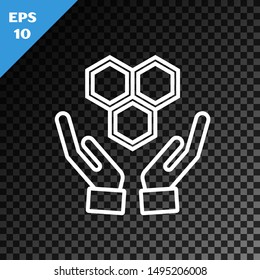 White line Honeycomb and hands icon isolated on transparent dark background. Honey cells symbol. Sweet natural food.  Vector Illustration