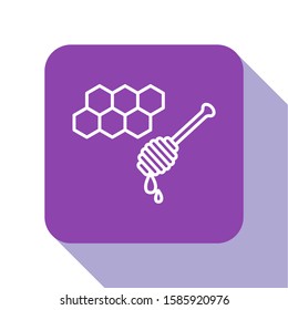 White line Honeycomb with honey dipper stickicon isolated on white background. Honey ladle. Honey cells symbol. Sweet natural food. Purple square button. Vector Illustration