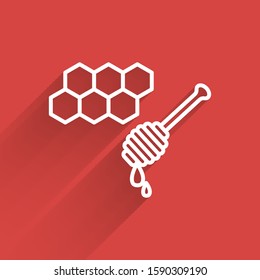 White line Honeycomb with honey dipper stickicon isolated with long shadow. Honey ladle. Honey cells symbol. Sweet natural food.  Vector Illustration