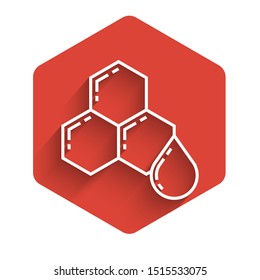 White line Honeycomb icon isolated with long shadow. Honey cells symbol. Sweet natural food. Red hexagon button. Vector Illustration