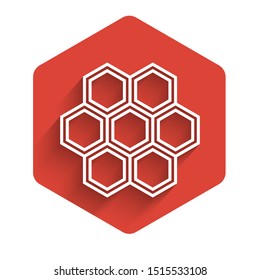 White line Honeycomb icon isolated with long shadow. Honey cells symbol. Sweet natural food. Red hexagon button. Vector Illustration