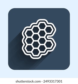 White line Honeycomb icon isolated with long shadow background. Honey cells symbol. Sweet natural food. Blue square button. Vector