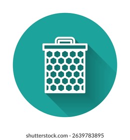 White line Honeycomb icon isolated with long shadow background. Honey cells symbol. Sweet natural food. Green circle button. Vector
