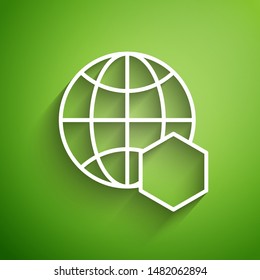 White line Honeycomb map of the world icon isolated on green background. World bee day. Concept ecological event.  Vector Illustration