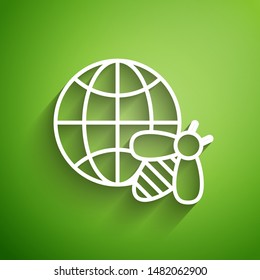 White line Honeycomb map of the world and bee icon isolated on green background. World bee day. Concept ecological event.  Vector Illustration