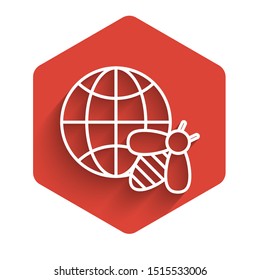 White line Honeycomb map of the world and bee icon isolated with long shadow. World bee day. Concept ecological event. Red hexagon button. Vector Illustration