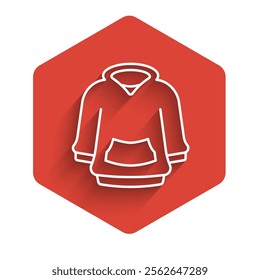 White line Hoodie icon isolated with long shadow background. Hooded sweatshirt. Red hexagon button. Vector