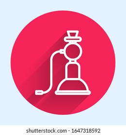 Weiße Linie Hookah Symbol einzeln auf langen Schatten. Roter Kreis-Knopf. Vektorillustration-Illustration