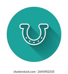 White line Horseshoe icon isolated with long shadow background. Green circle button. Vector