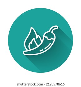 White line Hot chili pepper pod icon isolated with long shadow background. Design for grocery, culinary products, seasoning and spice package, cooking book. Green circle button. Vector