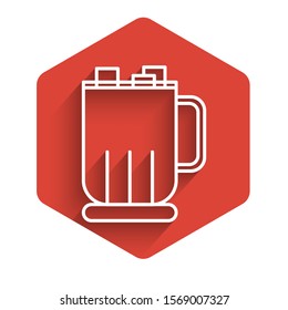 White line Hot chocolate cup with marshmallows icon isolated with long shadow. Merry Christmas and Happy New Year. Red hexagon button. Vector Illustration