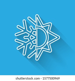 White line Hot and cold symbol. Sun and snowflake icon isolated with long shadow. Winter and summer symbol.  Vector Illustration