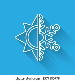 White line Hot and cold symbol. Sun and snowflake icon isolated with long shadow. Winter and summer symbol.  Vector Illustration