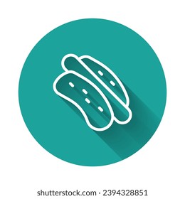 White line Hotdog sandwich icon isolated with long shadow background. Sausage icon. Fast food sign. Green circle button. Vector