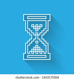 White line Hourglass pixel with flowing sand icon isolated with long shadow. Sand clock sign. Business and time management concept.  Vector Illustration