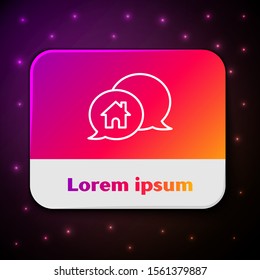 White line House building in speech bubble icon isolated on black background. Real estate concept. Rectangle color button. Vector Illustration