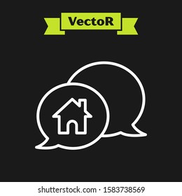 White line House building in speech bubble icon isolated on black background. Real estate concept.  Vector Illustration