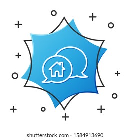 White line House building in speech bubble icon isolated on white background. Real estate concept. Blue hexagon button. Vector Illustration