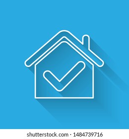 White line House with check mark icon isolated with long shadow. Real estate agency or cottage town elite class.  Vector Illustration