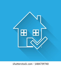 White line House with check mark icon isolated with long shadow. Real estate agency or cottage town elite class.  Vector Illustration